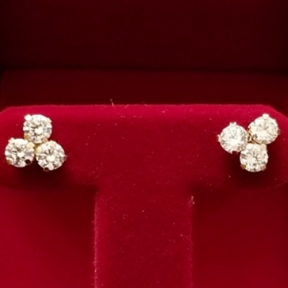 14k Solid Gold Zirconia 3 Stone Earrings Studs 12mm 229$